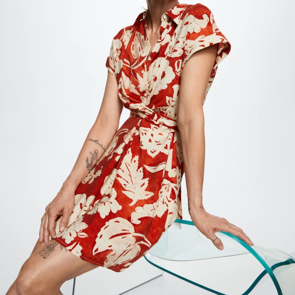 Mango Orange and Cream Floral Mini Shirt Dress, Size 1XL